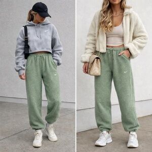 Nike Green Faux Fur Teddy Bear Joggers